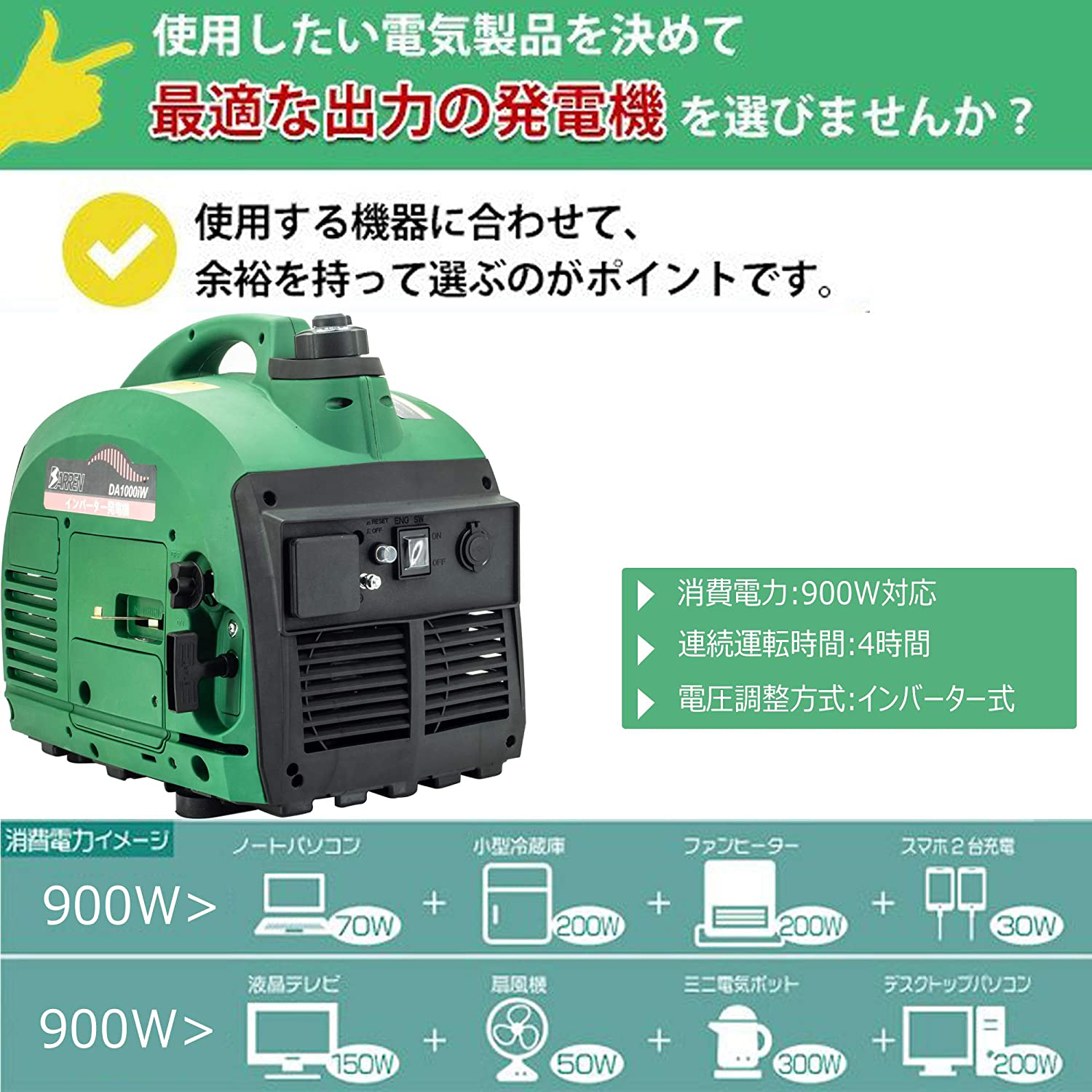 100 品質保証 発電機 900ｗ インバーター発電機 100v 過負荷保護 地震 台風 災害 停電 小型 家庭用 アウトドア 車中泊 キャンプ用品 エンジンオイルとガソリン燃料 １ 40 用具 工具 Indonesiadevelopmentforum Com