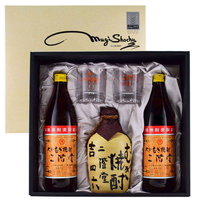 麦焼酎　二階堂　吉四六　壺一升 箱付き　2個セット 楽天市場】二階堂 麦焼酎 KQセット（吉四六壷720ml＋20度900瓶2