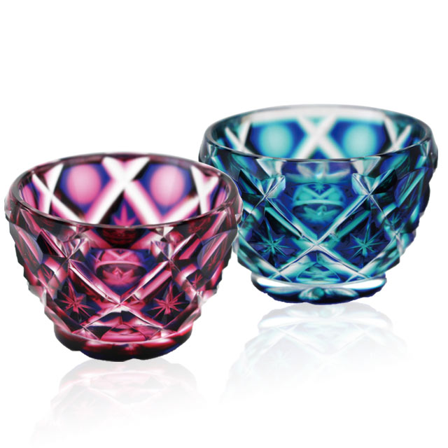 薩摩切子　薩摩びーどろ工芸　お猪口ペア 薩摩切子 冷酒おちょこ | 伝匠猪口 | 藍 | 薩摩びーどろ工芸