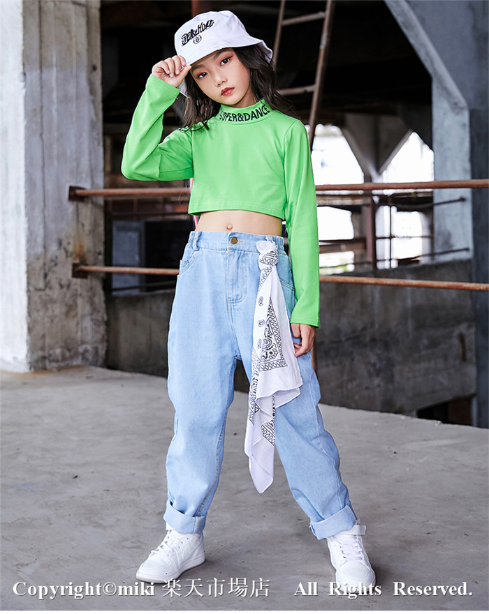 オンラインショップ デニムパンツ キッズ ダンス衣装 ヒップホップ セットアップ 子供 HIPHOP 演出服 蛍光色 長袖 ジャズダンス ステージ衣装  練習着 おしゃれ ガールズ ジャッズ ダンスウェア ジュニア jazz DJ オシャレ ズボン www.fengshuidesign.ie