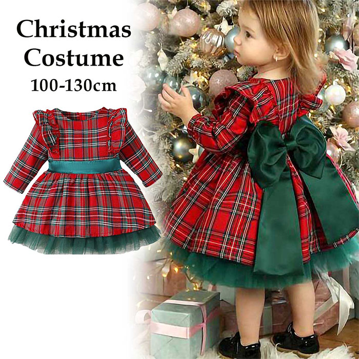 送料無料  女の子  ワンピース クリスマス  キッズ 衣装 長袖 子供 クリスマス服 チェック柄 ドレス 子供服 ガールズ チュール かわいい ベビー 赤ちゃん 誕生日 おしゃれ 出産祝い プレゼント パーティー イベント  写真撮影 80 90 100 110 120 130cm