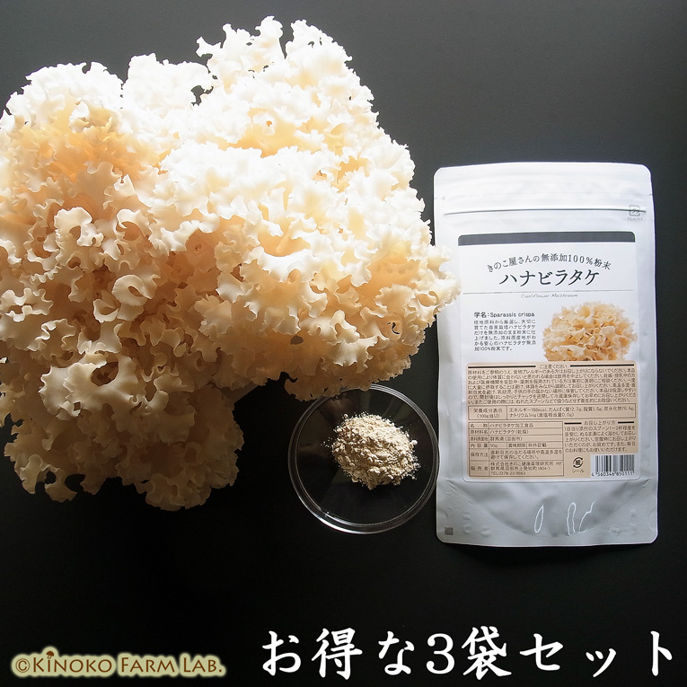 楽天市場 送料無料 ３袋セット ハナビラタケ 無添加 １００ 粉末 ５０ｇ ３袋 癌 きのこ 免疫 花びら茸 はなびらたけ パウダー 抵抗力 予防 かぜ 病気 きのこファームラボ