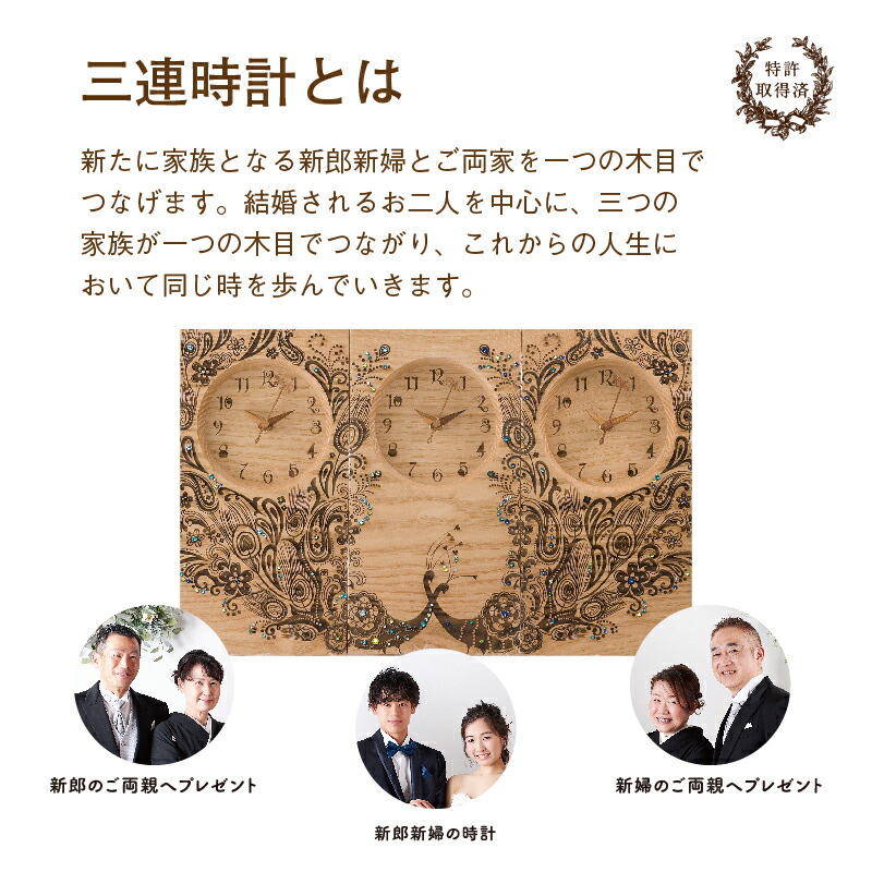 日本 結婚式の両親プレゼント 木目がつながる本物の三連時計メッセージ刻印 名入れok 最短3日発送 結婚式や披露宴で両親が感動すること間違いなし 結婚式や披露宴で感動する両親へのプレゼント 世界に1つの贈呈品 贈答品 記念品 Fucoa Cl