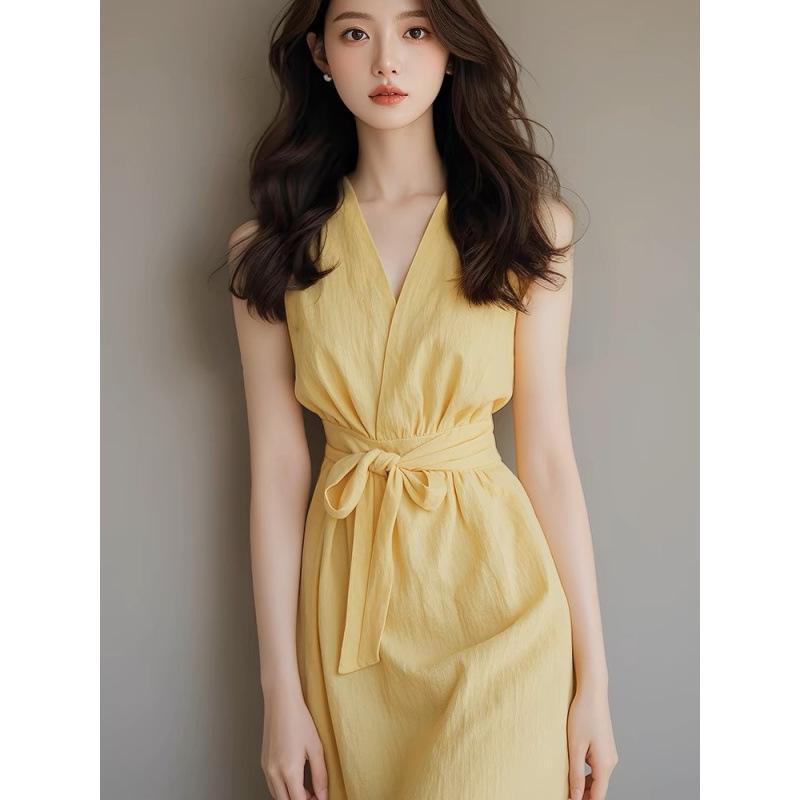 衣装 レディース 好いたらしいめ 麻 リネン Vのど首 ノースリーブ ロング丈 雅びやか 黄色系 女子らしい 成年者愛くるしげ 自然的 分かりやすい