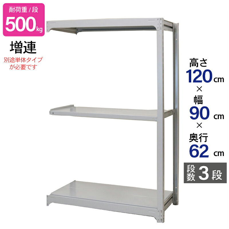 スチールラック 業務用 高さ120 幅90 奥行62cm 天地 3段 増連 中量 AMBH型 耐荷重 500kg/段 収納棚 棚 スチール棚 ラック 日本製 アサカ ホワイト グレー 大型収納 店舗 倉庫 整理棚 事務所 物品棚 バックヤード