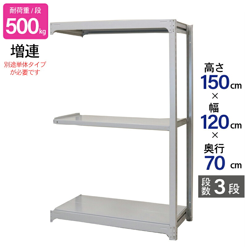 スチールラック 業務用 高さ150 幅120 奥行70cm 天地 3段 増連 中量 AMBH型 耐荷重 500kg/段 収納棚 棚 スチール棚 ラック 日本製 アサカ ホワイト グレー 大型収納 店舗 倉庫 整理棚 事務所 物品棚 バックヤード