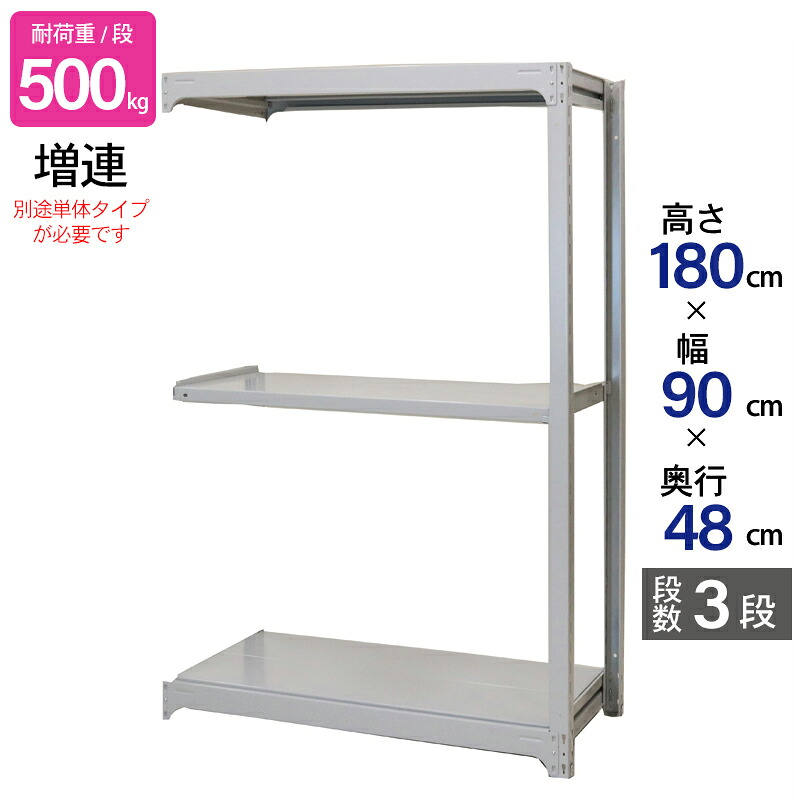 スチールラック 業務用 高さ180 幅90 奥行48cm 天地 3段 増連 中量 AMBH型 耐荷重 500kg/段 収納棚 棚 スチール棚 ラック 日本製 アサカ ホワイト グレー 大型収納 店舗 倉庫 整理棚 事務所 物品棚 バックヤード
