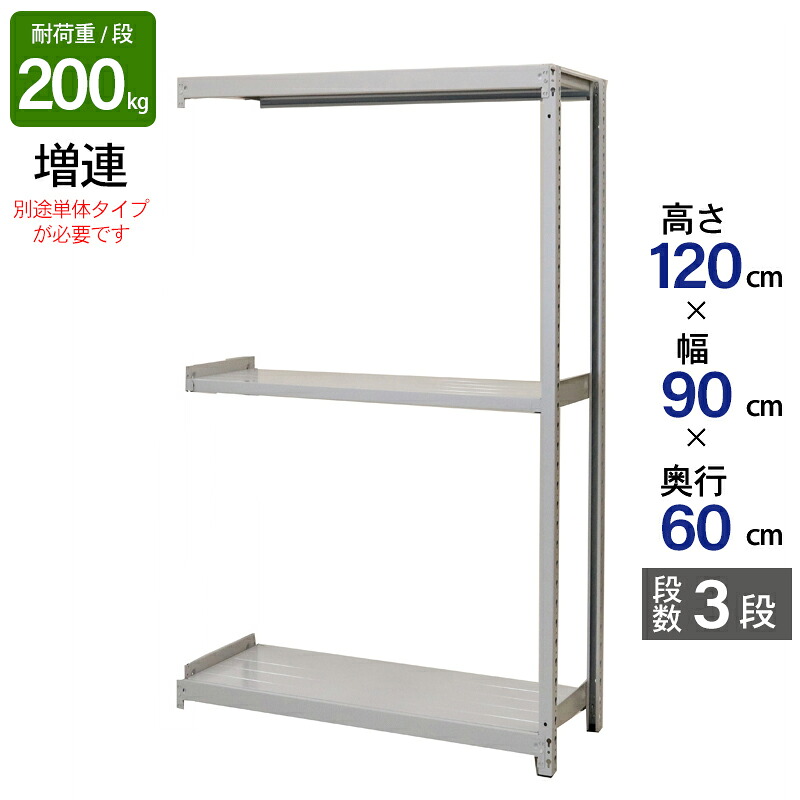 スチールラック 業務用 高さ120 幅90 奥行60cm 天地 3段 増連 軽中量 ATS型 耐荷重 200kg/段 収納棚 棚 スチール棚 ラック 日本製 アサカ ホワイト グレー 大型収納 店舗 倉庫 整理棚 事務所 物品棚 バックヤード