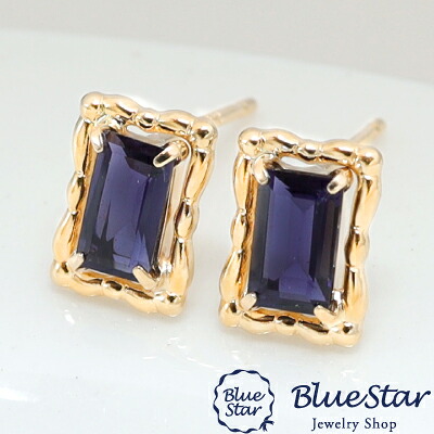 【3.0×5.0mm】アイオライトのクラシカルデザインピアス K18YG BlueStar