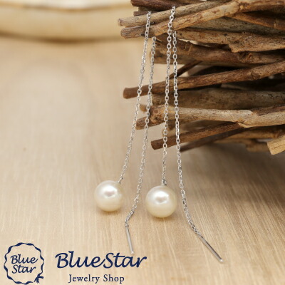 【6.5～7.0mm】あこや本真珠 10cmアメリカン ロングピアス K18WG BlueStar
