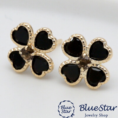 ブラックのハートオニキスの花びらがおしゃれなピアス　BlueStar オニキスのハートがお花に見えるキュートピアス K18YG