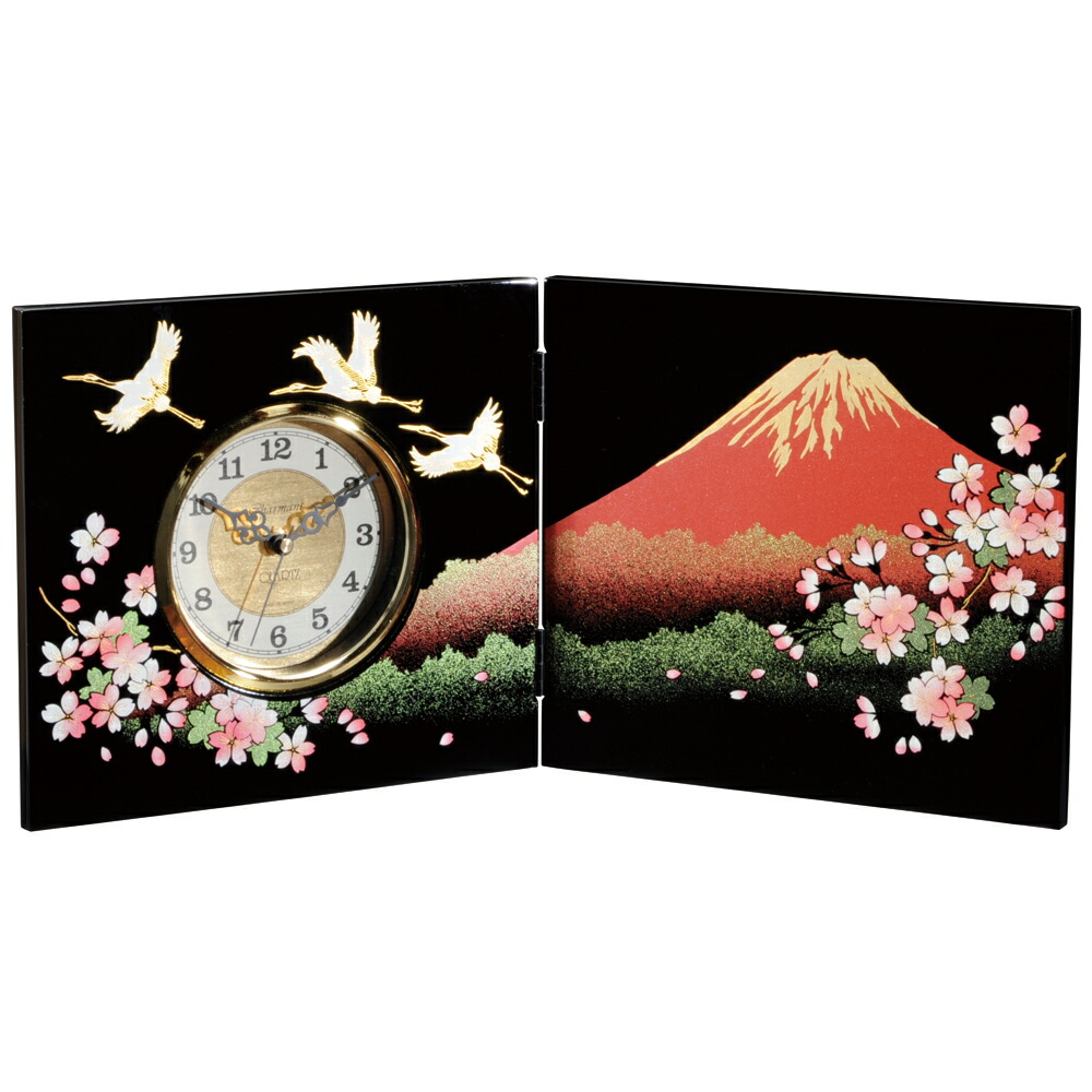 屏風時計 一富士二桜三羽鶴 木製 置時計 ギフト プレゼント 贈り物 和風 新築祝い 記念品 内祝い お祝い 誕生日 漆器 インテリア 置き時計 おしゃれ 高級