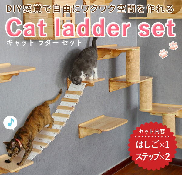 楽天市場 キャットウォーク 壁 棚板付き 猫 はしご キャットステップ ラダーセット 木製 キャットツリー キャットタワー キャット ハンモック 吊橋 吊り橋 棚板 はしご付き 足場 壁用 送料無料 Yu キラキラハイム