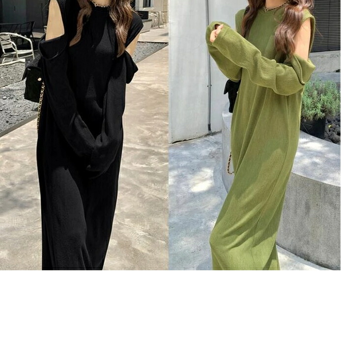 ワンピース ニット ドレス ワンピ カットアウト レディース エレガント きれいめ カジュアル ロング丈 長袖 大人 可愛い フェミニン 肌見せ ゆったり 楽ちん シンプル ナチュラル 韓国 グリーン｜キラリラ店
