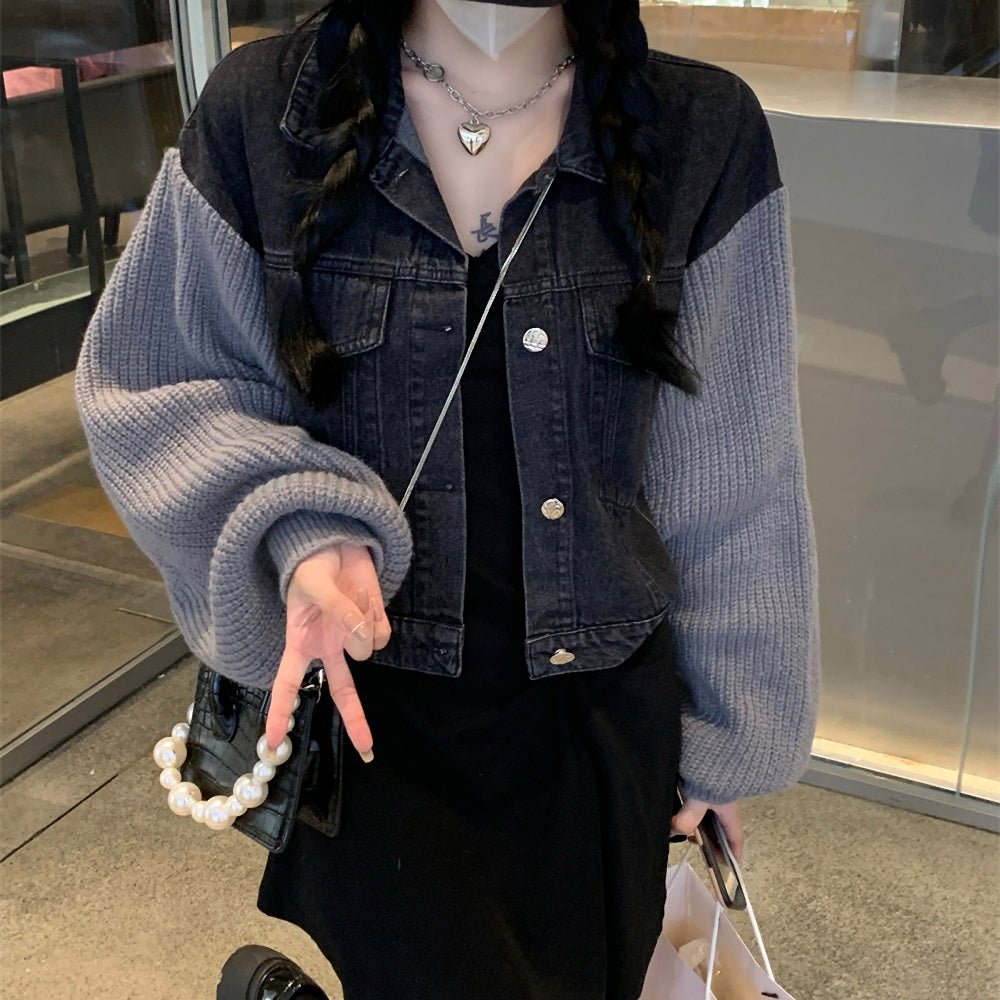 韓国デザイン秋服ニットステッチデニムショートジャケット｜キラリラ店