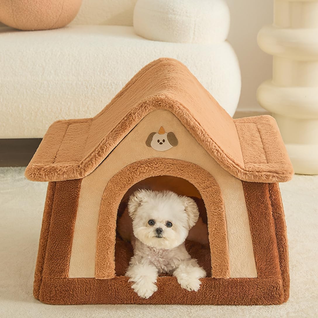 猫 ベッド 洗える 暖かい ペットハウス 冬用 ペットベッド 小型犬用 猫 ハウス 屋根付き 犬ベッド 可愛い 犬ハウス 防寒対策 室内 滑り止め ふわふわ ぐっすり眠る クッション付き 猫犬用 快適 ブラウンA｜キラリラ店