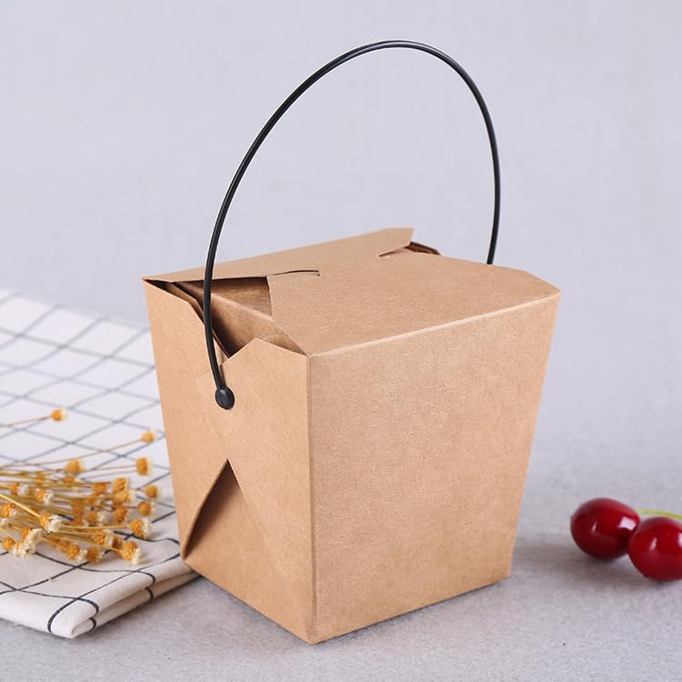 100個 クラフト紙ポータブルランチボックス、食品用クラフト紙ボックス、食品容器バーベキューピクニックテイクアウェイ用ハンドル付き使い捨てランチボックスパッケージ (ブラウン,460ml)｜キラリラ店