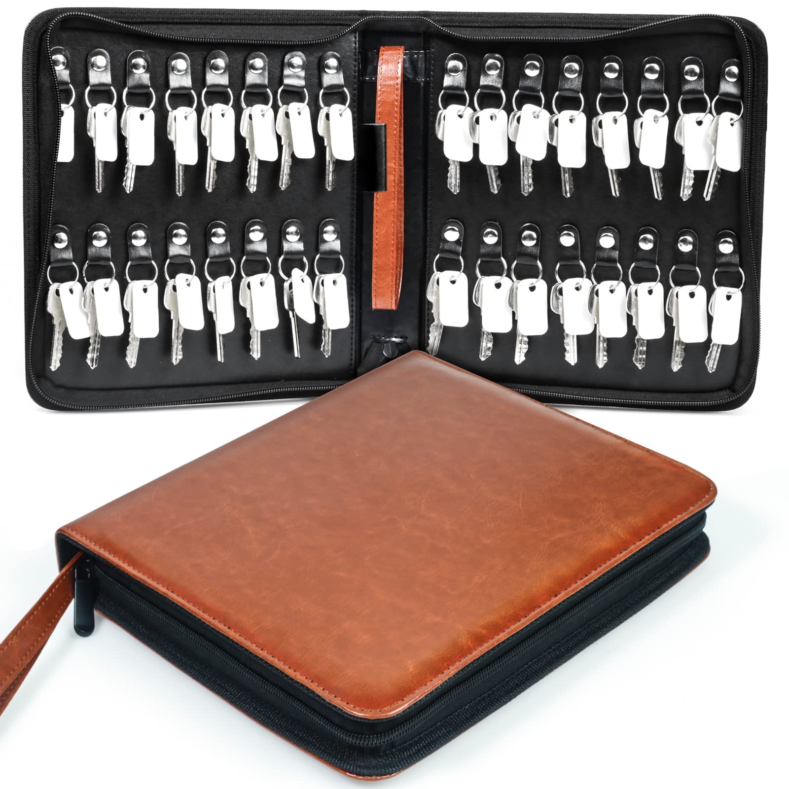 ポータブル ファスナー式 キーケース レザー キーオーガナイザー ハンドル付き 32キー容量 不動産販売 ホテルエグゼクティブ カーサービス (ブラウン)|キラリラ店