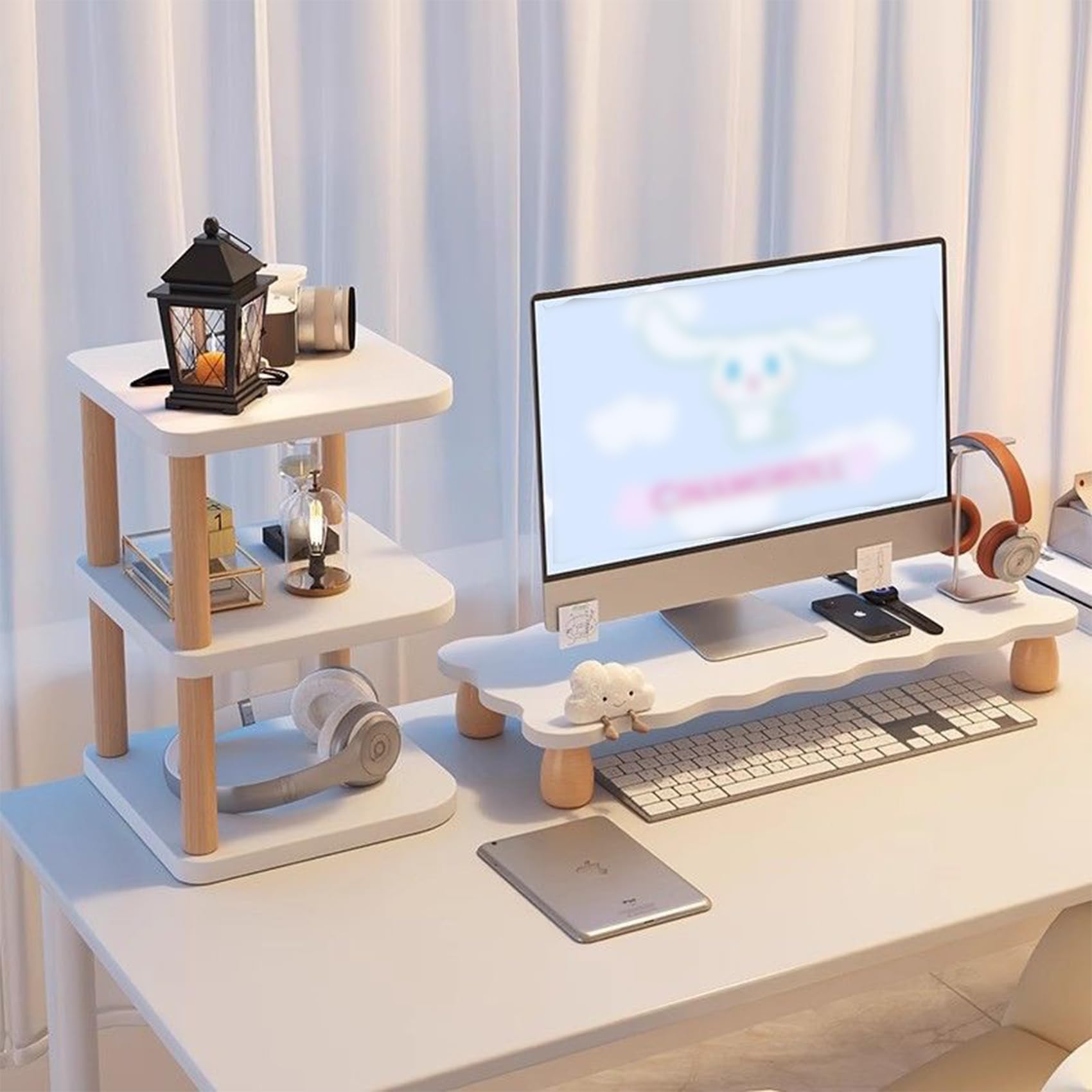 モニター台 卓上 木製 パソコン 台 キーボード収納 一体型 人間工学設計 ノート/タブレット対応 デスク周り整理 韓国デザイン おしゃれ 女性に人気 すっきり長方形 モニタースタンド (パソコン台 60)|キラリラ店