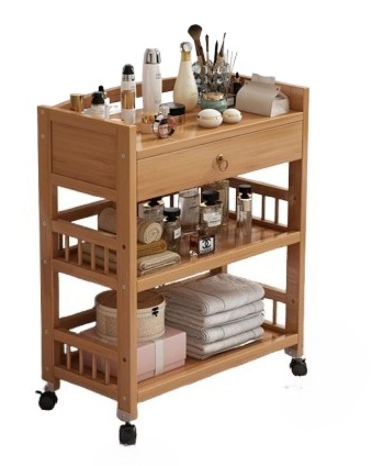 竹製収納ラック2層/ 3層 移動式 ワゴン 茶棚 木製 メイク道具 収納棚 キッチンワゴン 収納カート キャスター付き ストッパー付き おしゃれ 移動式 (3段 50)|キラリラ店