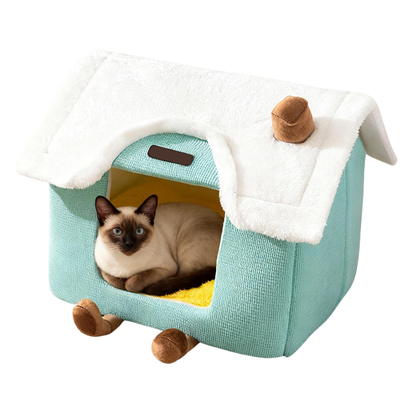 冬の花 キャット ケーブ ベッド - 可愛いハウス型 保温 取り外し可能なパッド付き,ペット用ネスト 猫と小型犬用 - 子猫・子犬・ペット用 室内・寝室・リビング・バルコニー・ホームデコ・寮・アパート・睡眠
