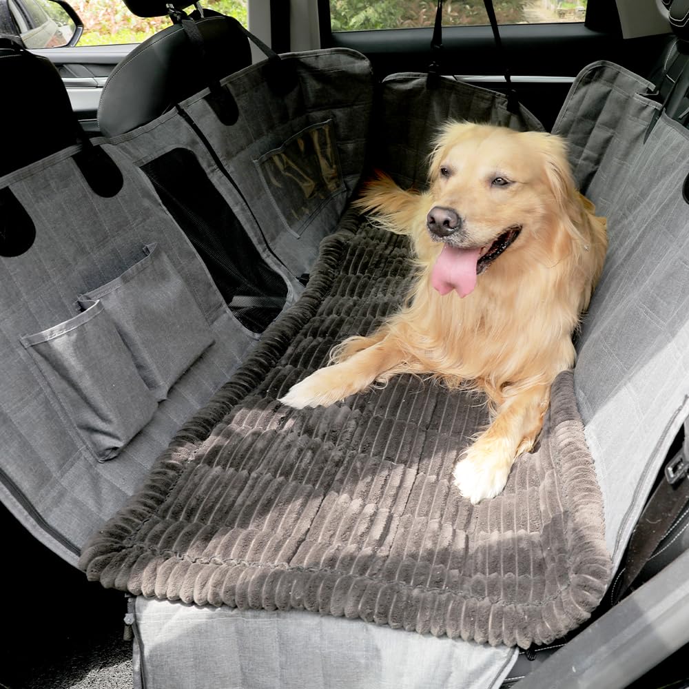 犬用カーシートカバー 後部座席用 ペット用ベッド 滑り止め 汚れ防止 撥水 設置簡単 大型犬 多機能 抜け毛防止 マット 快適 クッション ドライブ用品 車載 ペット用品 お出かけ用品 通年用 コーデュロイ風 質感 丈夫|キラリラ店