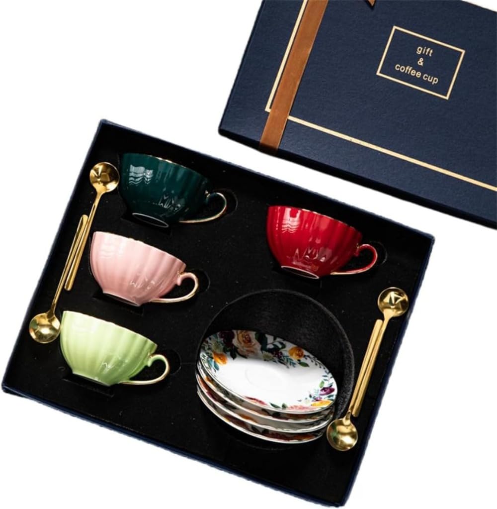 ティーカップコーヒーカップティーソーサーセット花柄セラミック紅茶カボチャ型コーヒーカップ&;ティーソーサーセットスプーン付きエレガントでゴージャ北欧の結婚式のお祝い新築祝い母の日ギフトボックス (4色ブレンド) []｜キラリラ店