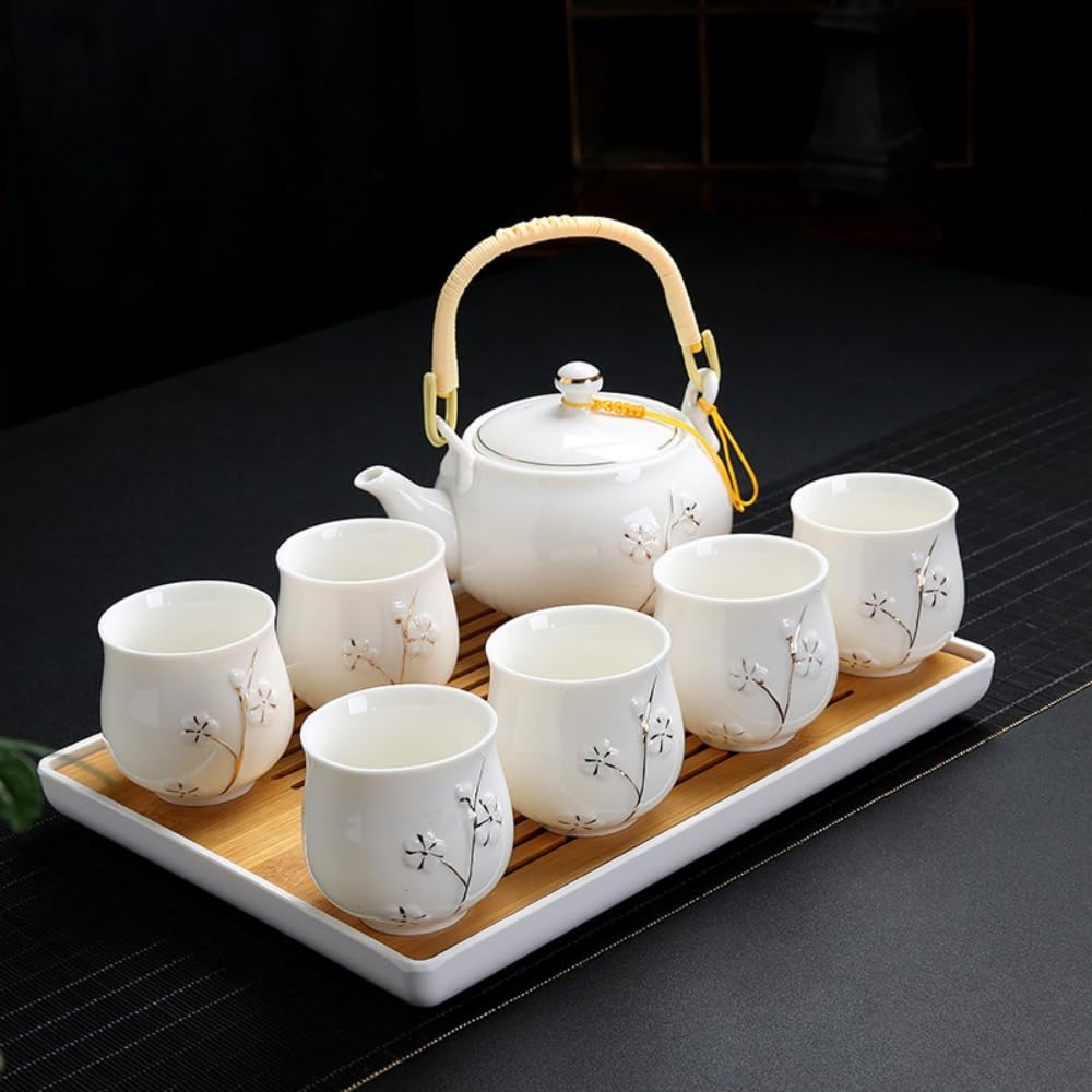 []和風クラシック磁器茶器セット 8点セット ティーポット 土瓶 湯呑み 茶托 茶碗 茶こし付 自宅用 おしゃれ プレゼント 茶道 シンプル エレガント オールシーズン対応 ホワイト (ホワイト)｜キラリラ店