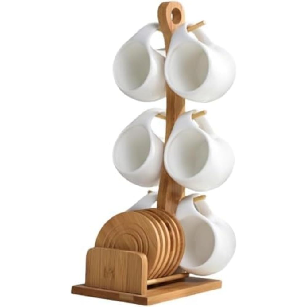 エスプレッソカップセット 磁器製 コーヒーカップ＆ソーサー 木製コースター付き カプチーノ ラテ マキアート 紅茶用 ギフト プレゼント用 陶器 カフェスタイル (6個セット)｜キラリラ店