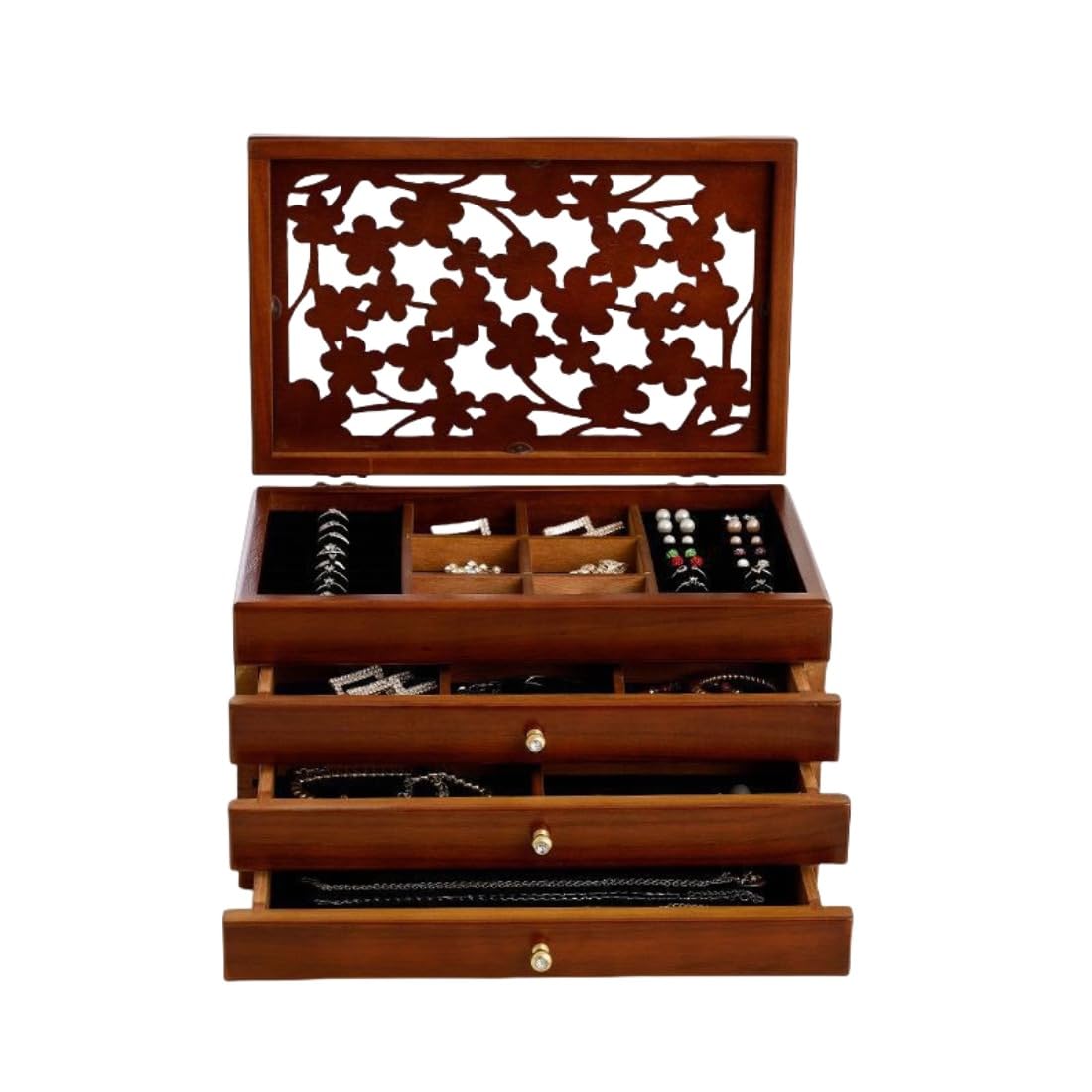 ジュエリーボックス 4層 木製彫刻 ジュエリー収納 大容量 多機能 アクセサリーキャビネット リング ネックレス イヤリング ブレスレット収納 オーガナイザー (4層)|キラリラ店