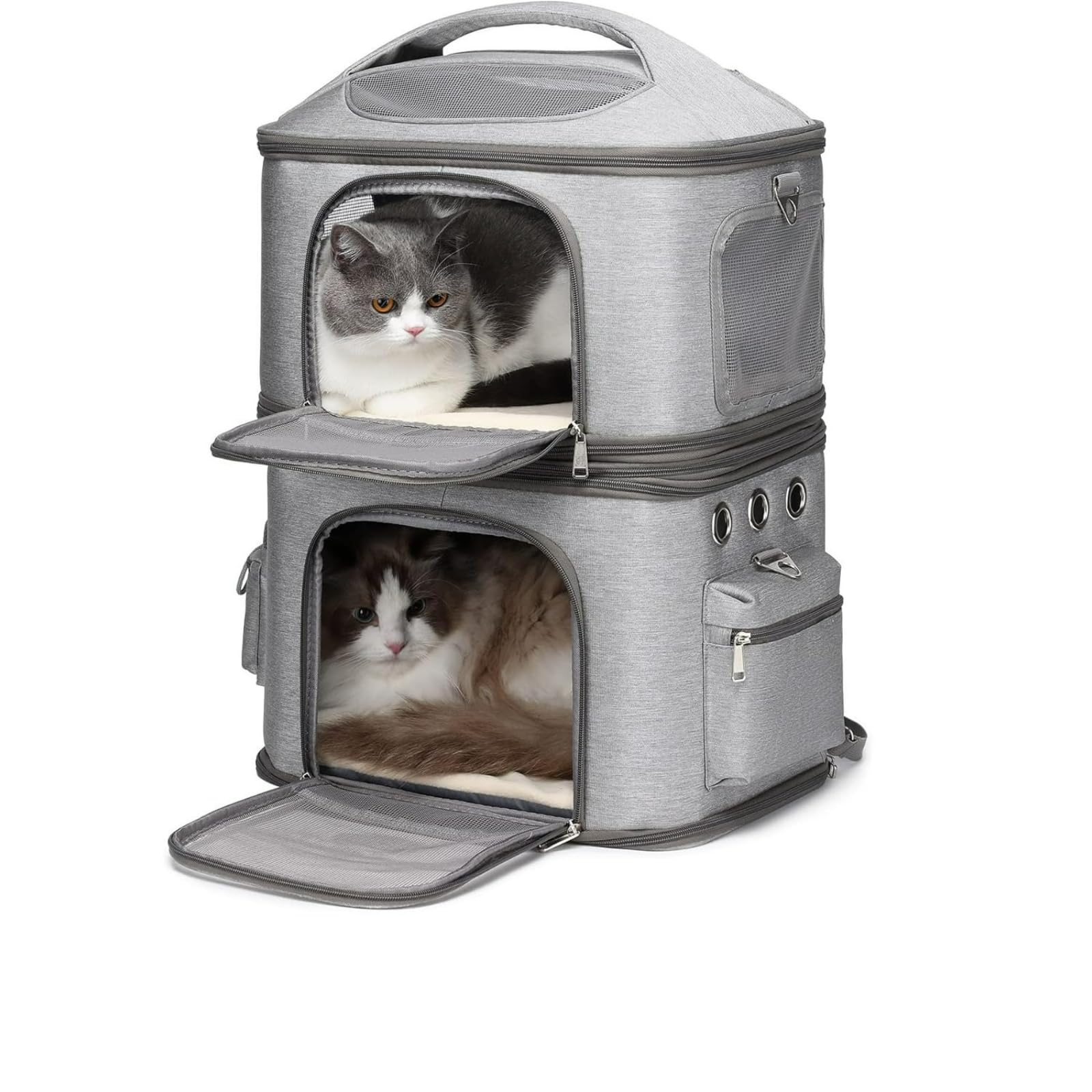 ペットキャリーバッグ 猫 2 匹対応 小型犬 2 層二重構造 分離可 2 リュック ソフトクレート 折りたたみ可 マット付き 通気性メッシュ 旅行・通院・獣医診察・輸送・災害時避難 ワンサイズ グレー (グレー)|キラリラ店