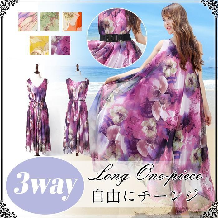 ワンピース マキシワンピース リゾートワンピース ロングワンピース ロングワンピ リゾートマキシワンピース 花柄 シフォン Vネック 袖なし ベルト付き