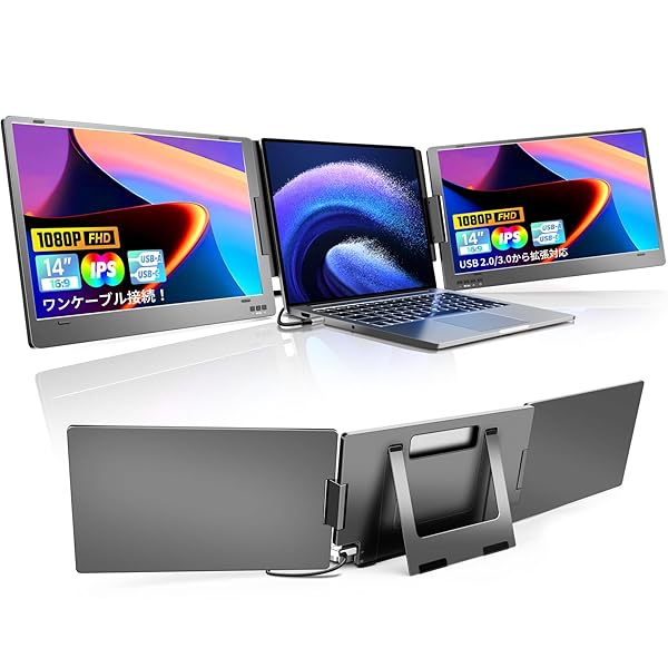 合金製 デュアルモニター 14インチ モバイルトリプルモニター Type-C ケーブル1本接続/USB2.0から拡張対応 11~16インチノートパソコン用 3画面 360°回転 折りたたみ式 デュアルディスプレイ FHD1080P IPSパネル Wi