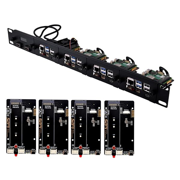 19in 1U 仕合わせマウント Raspberry Pi 5用 PCIe to M2 NVMe SSDアダプタ4個 OLED見せびらかす 19はたご屋