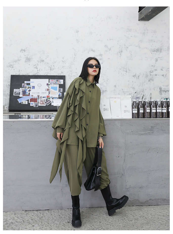 セットアップ レディース 秋 レディース きれいめ セットアップ 秋 冬 フリーサイズ グリーン ブラック 個性デザイン ブラウス ワイドパンツ 2点セット ゆったり 上品 おしゃれ 大きサイズ ストリート アシメントリー 送料無料 Deerfieldtwpportage Com