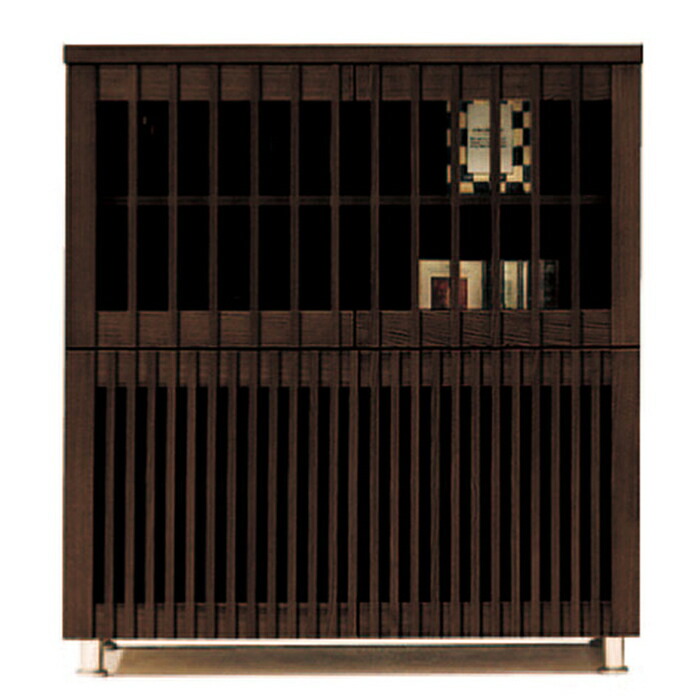 大川工芸の木目調ガラス扉キャビネット 木製キャビネット・ガラス扉・ウォールナット材/幅88×奥行44×高