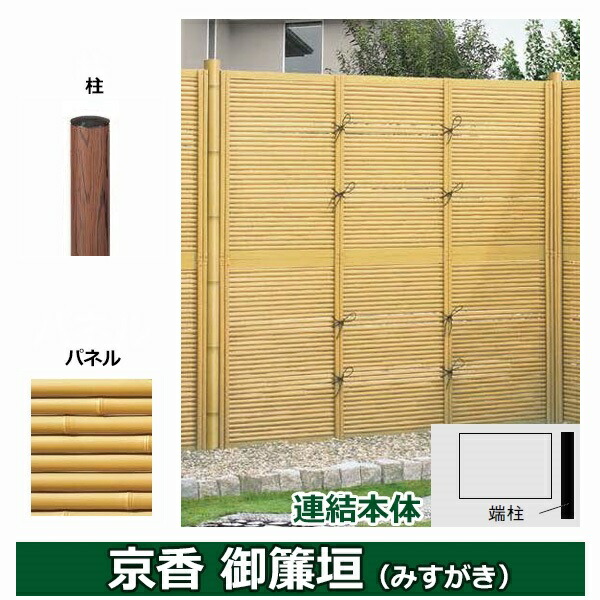 リクシル 竹垣フェンス 京香 御簾垣 ユニット型 間仕切りタイプ 両面仕様セット 連結本体 柱：木調 丸柱 W-20 T-21 真竹