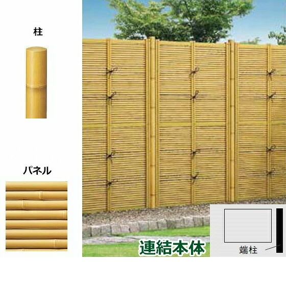 リクシル 竹垣フェンス 京香 デザイン御簾垣 1型 ユニット型 間仕切りタイプ 両面仕様セット 連結本体 柱：真竹調 丸柱 W-10 T-15 真竹