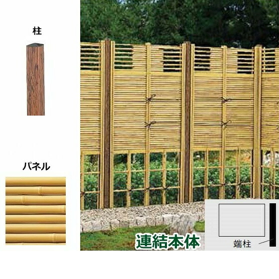 リクシル 竹垣フェンス 京香 デザイン御簾垣 2型 ユニット型 間仕切りタイプ 両面仕様セット 連結本体 柱：木調 角柱 W-10 T-18 真竹