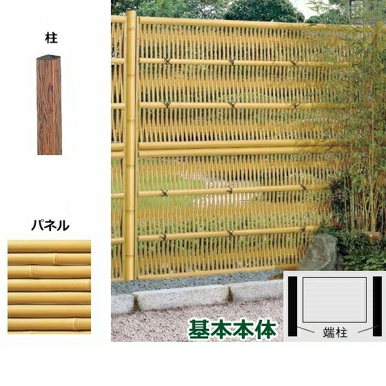 リクシル 竹垣フェンス 京香 大津垣 ユニット型 間仕切りタイプ 両面仕様セット 基本本体 柱：木調 角柱 W-20 T-12