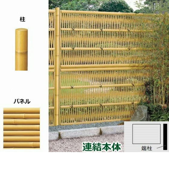 リクシル 竹垣フェンス 京香 大津垣 ユニット型 間仕切りタイプ 両面仕様セット 連結本体 柱:真竹調 丸柱 W-20 T-12|エクステリアのプロショップ キロ