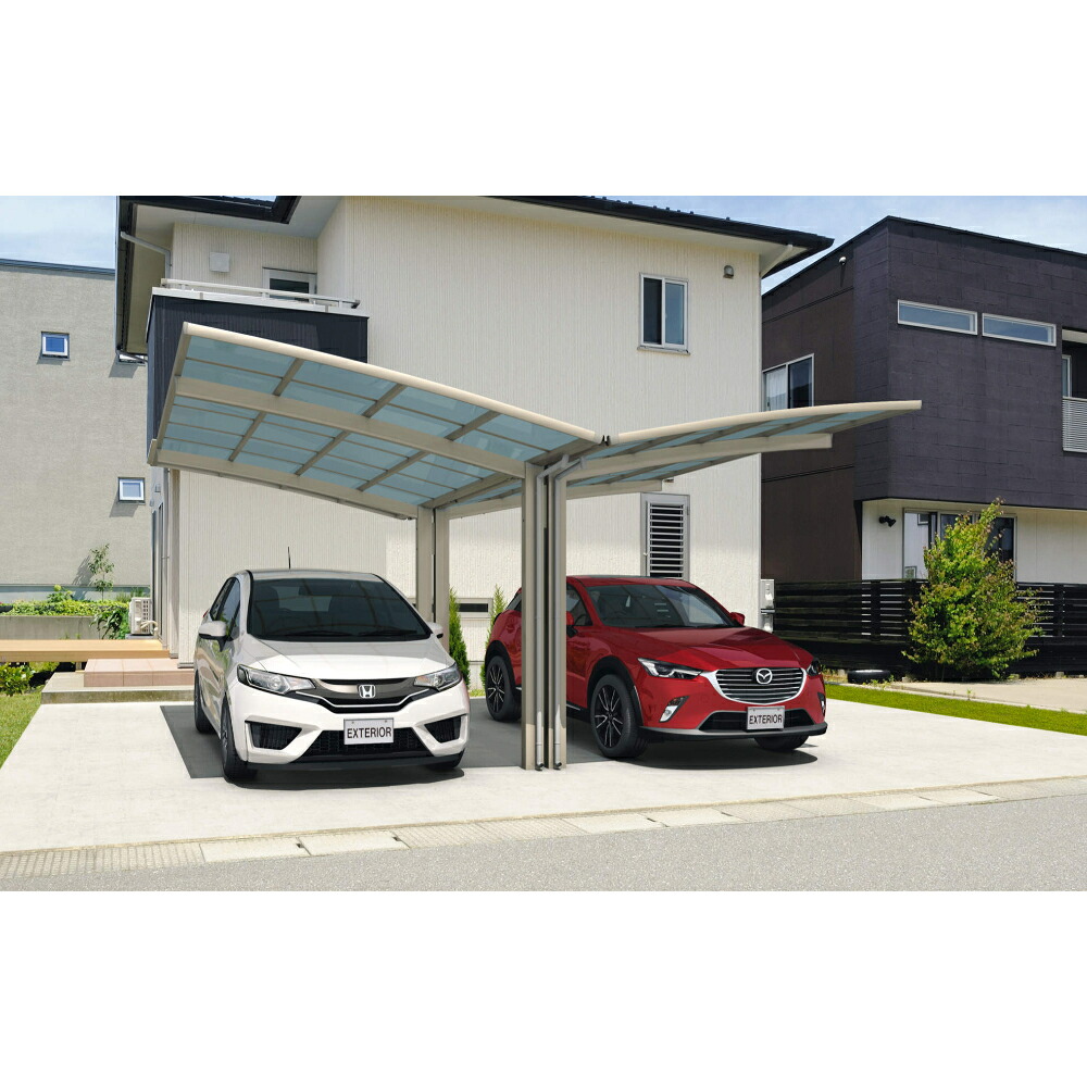 【商品のみ】 三協アルミ カムフィエース 2台用 Y合掌タイプ 57 (24?27) H25 屋根材：熱線遮断ポリカーボネート板 柱4本 『 カーポート 2台 本体のみ 駐車場 屋根 外構 エクステリア 』