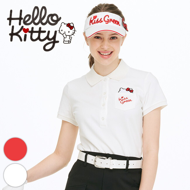 限定キティちゃんコラボ ポケットからチラ見えキティ刺繍ポロシャツ ゴルフウェア レディース ゴルフウエア ゴルフ かわいい おしゃれ レディースゴルフウェア 半袖 無地 ポロシャツ 高級素材使用ブランド