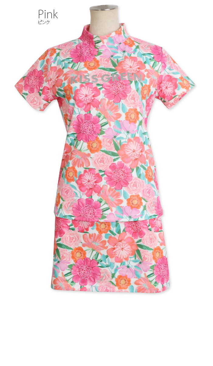 ピンクフラワー柄モックネックトップス スカート上下セット セットアップ ゴルフウェア ワンピース レディース ゴルフ女子 ワンピ ポリエステル鹿の子素材 スカートはインナーパンツ一体型 コーデ