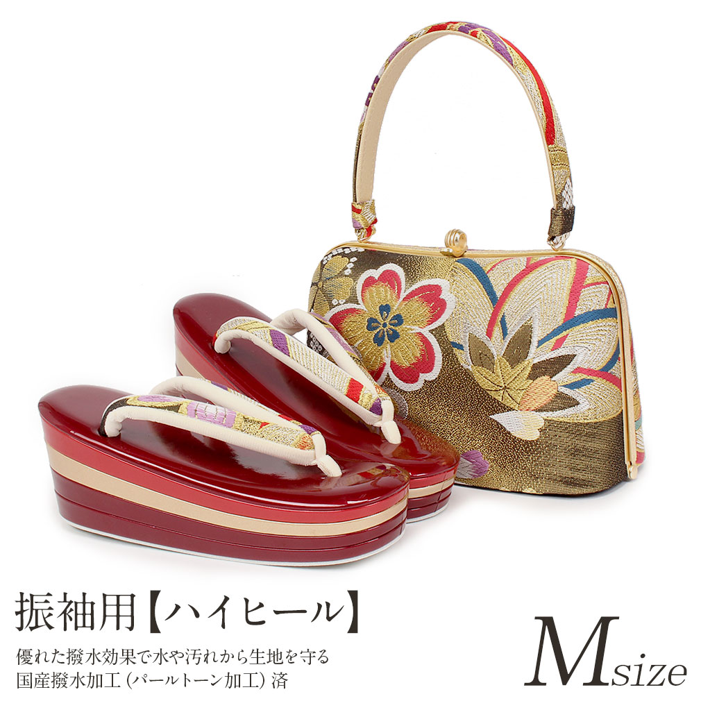 ベロア 3枚芯 ハイヒール 草履バッグ セット レッド×ゴールド u64 ベロア 3枚芯 ハイヒール 草履バッグ セット レッド×ゴールド u64