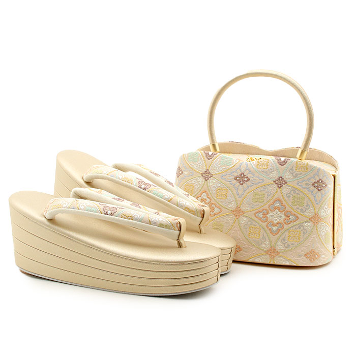 草履バッグセット 留袖用 訪問着用 ハイヒール 厚底 結婚式 草履 バッグ 留袖 S M L フリー ベージュ 七宝 花菱 京都 西陣 キステオリジナル 日本製