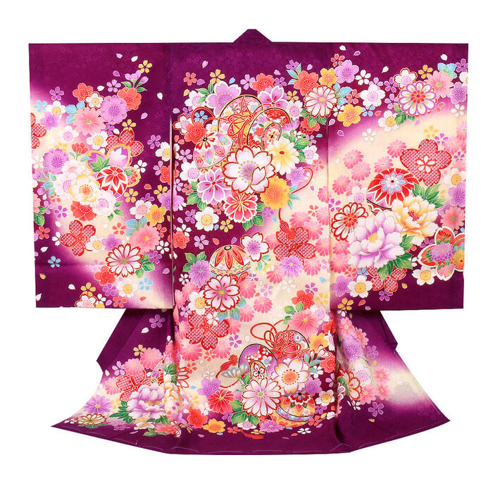 お宮参り 着物 女の子 絹100% 正絹初着 掛け着 産着 紫 八重桜に鼓 友禅 刺繍 金彩 新品 販売 購入 きもの 祝い着 のしめ 初着 祝着 一つ身 服装 赤ちゃん ベビー
