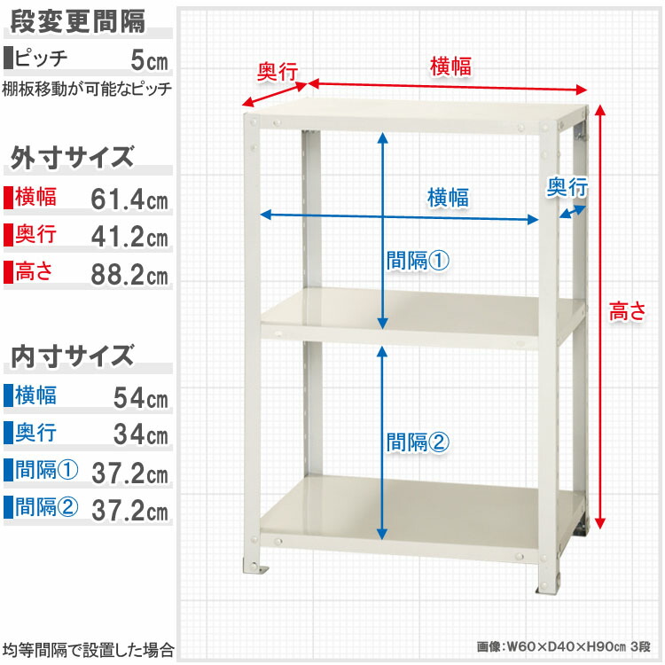 【楽天市場】【送料無料】 スマートラック NSTR336 幅60×奥行40×高さ90cm 3段 ホワイト 40kg/段 【スチールラック楽天