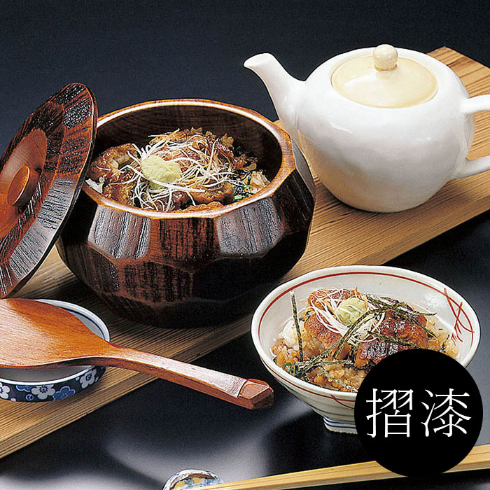 摺り漆 木製 飯器 セット 蓋付き しゃもじ付き 中 25892 直径140×H95mm 摺漆 食洗機不可