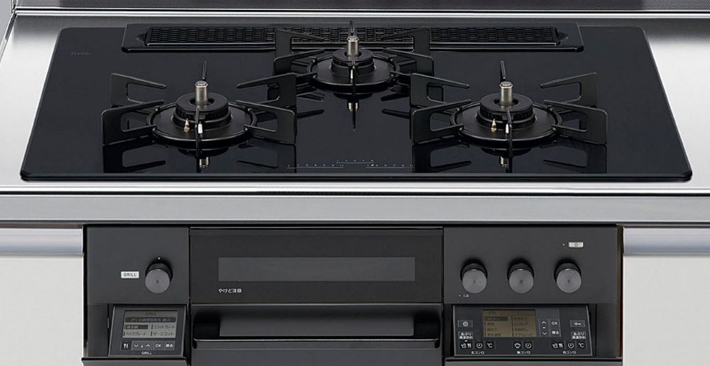 ガスコンロ　リンナイ製（LIXIL）　R3736J1W1K　間口75cm　3口コンロ　ガラストップ　スタイリッシュタイプ　無水両面焼き　ブラック｜キッチン取付け隊（店）